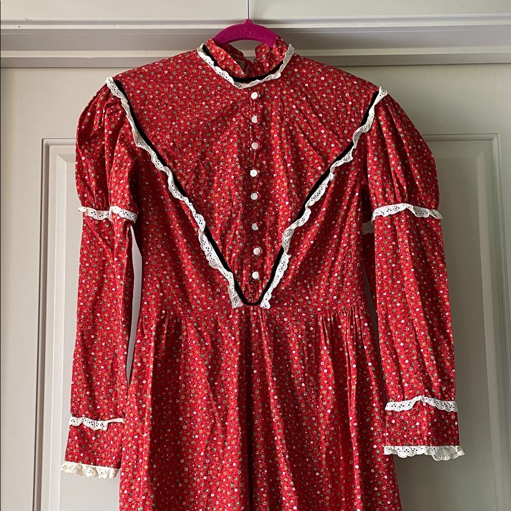 Vintage Handmade 70s Victorian Style Red Dress with Flower Print and White Trim